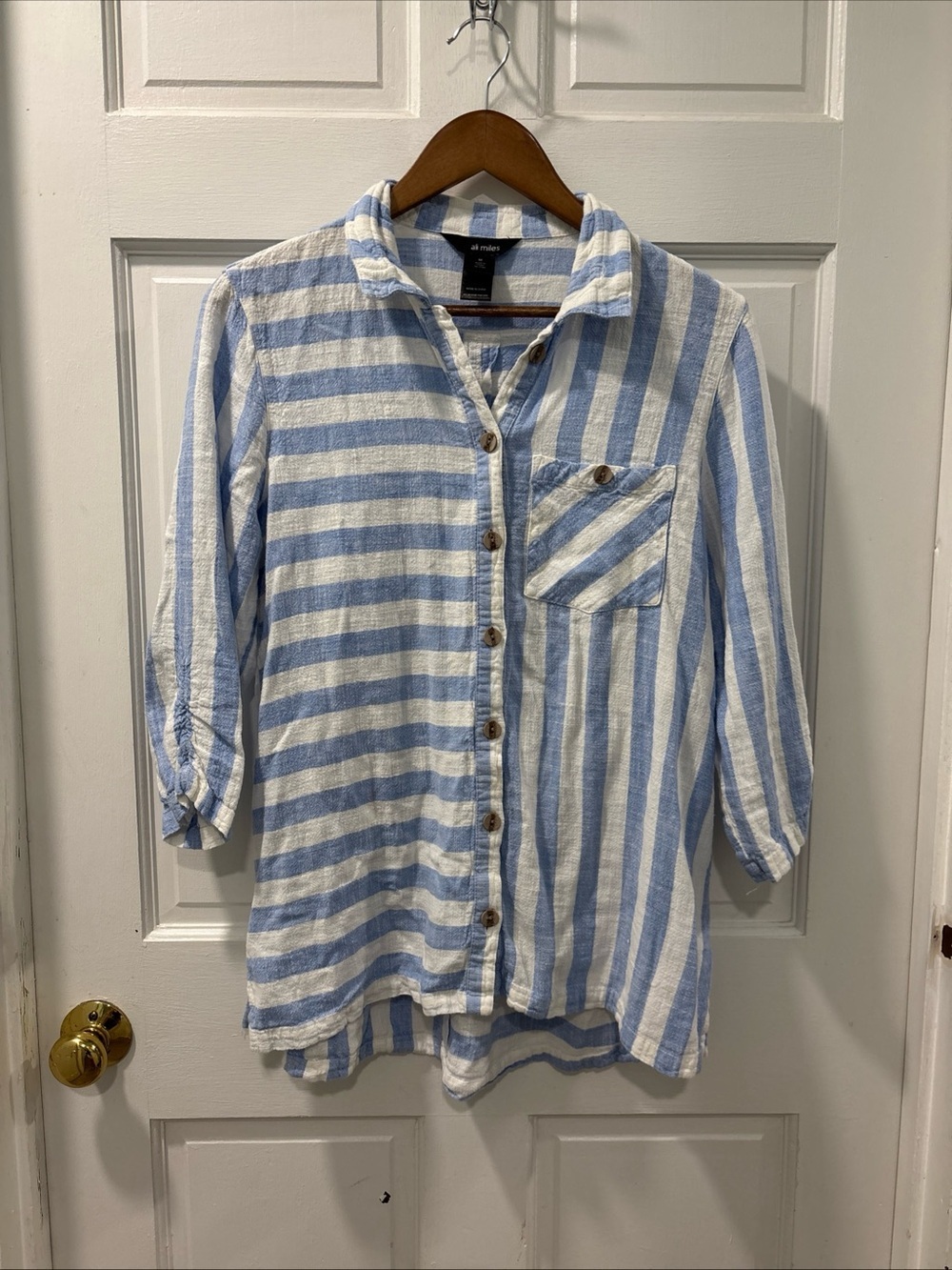 Ali Miles Women’s Linen Blend Button Down Top Size M 3/4 Sleeve Striped EUC
